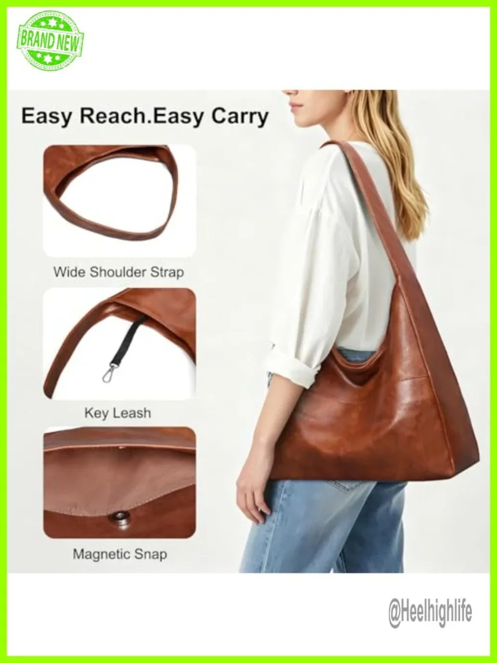 Slouchy Hobo Shoulder Bag Faux Leather Tote Purse with Key Clip